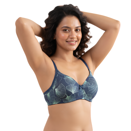 Navy Blue Floral Print Full Coverage Bra