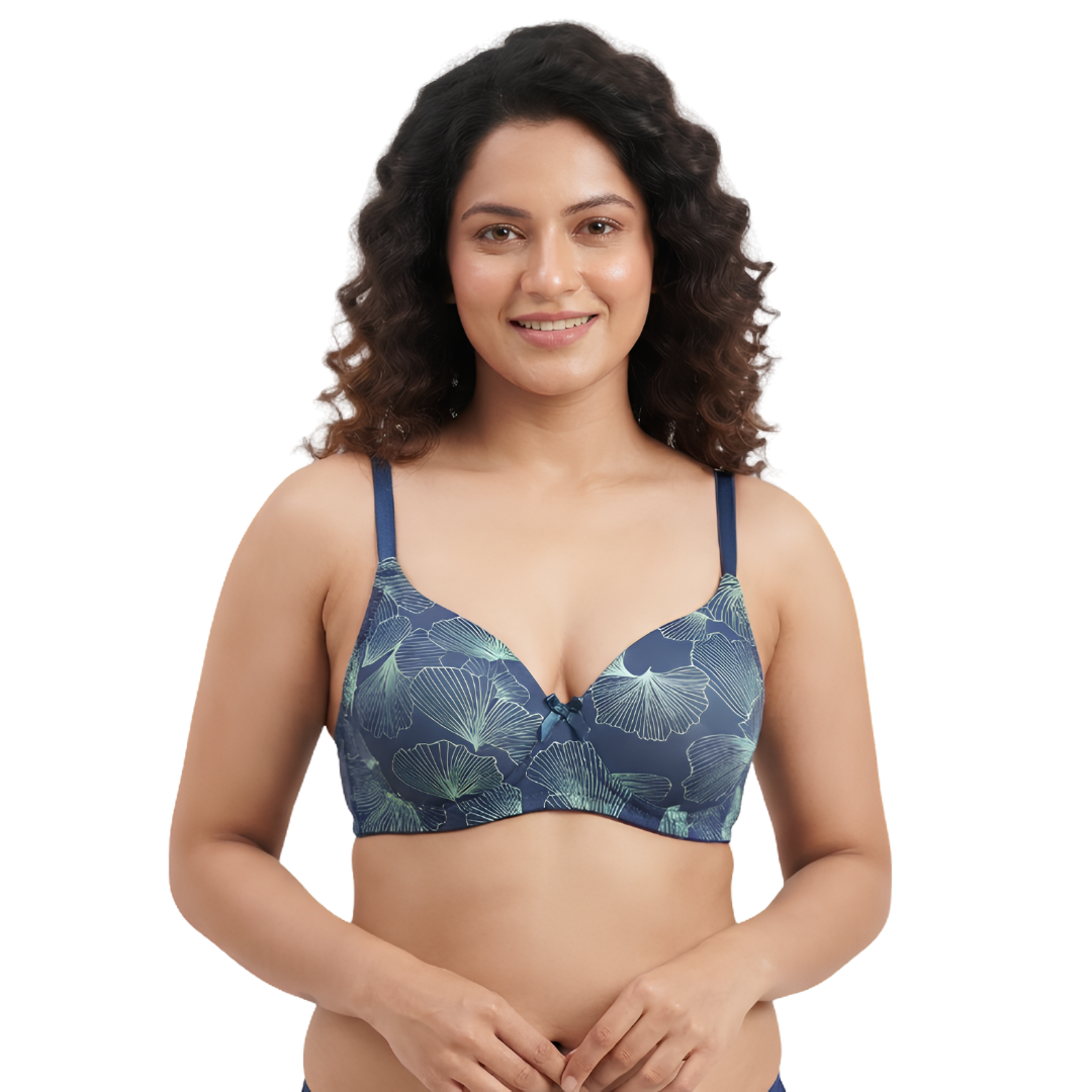 Navy Blue Floral Print Full Coverage Bra
