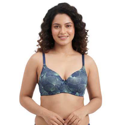 Navy Blue Floral Print Full Coverage Bra