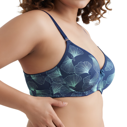 Navy Blue Floral Print Full Coverage Bra