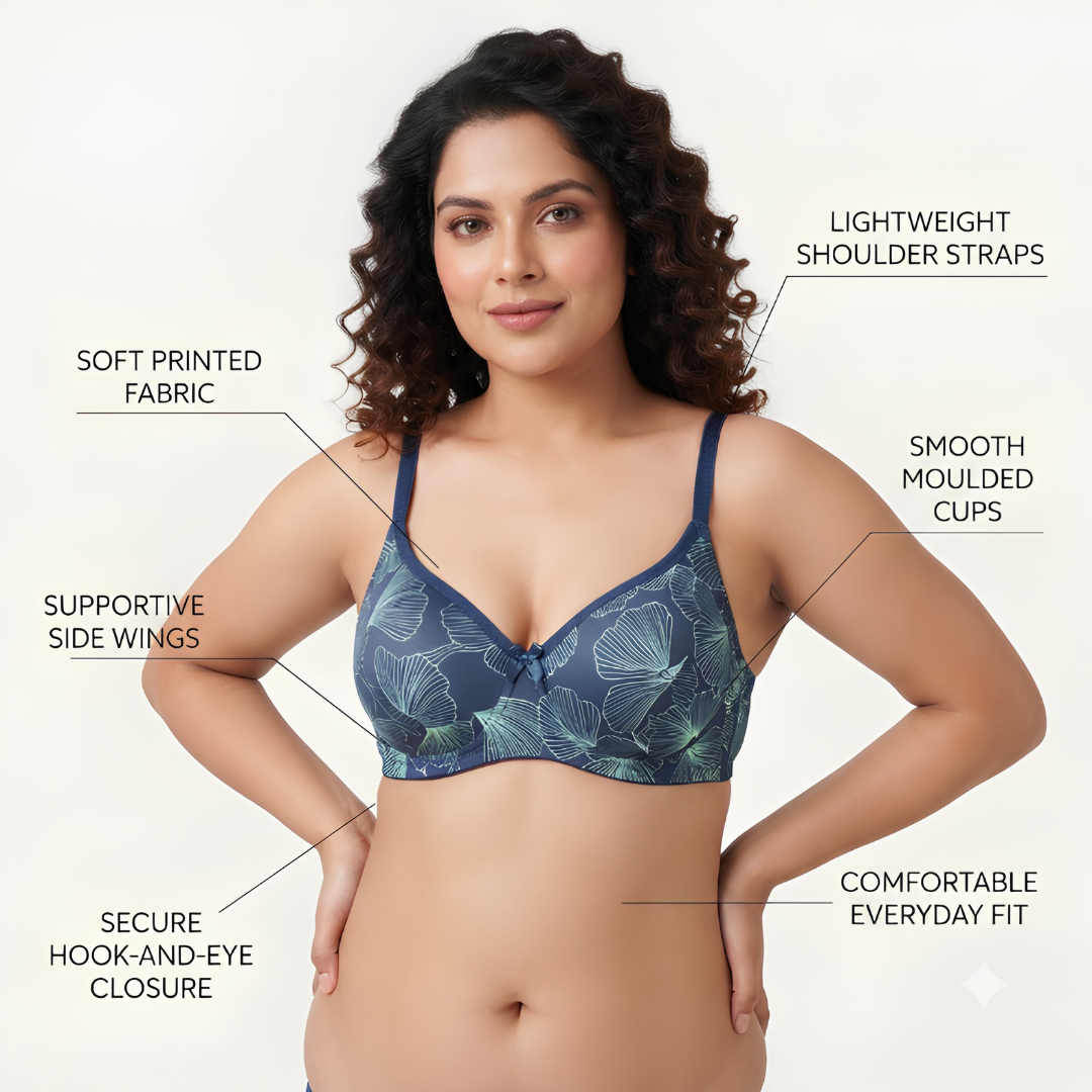 Navy Blue Floral Print Full Coverage Bra