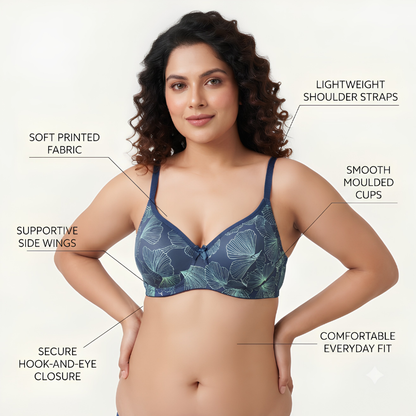 Navy Blue Floral Print Full Coverage Bra